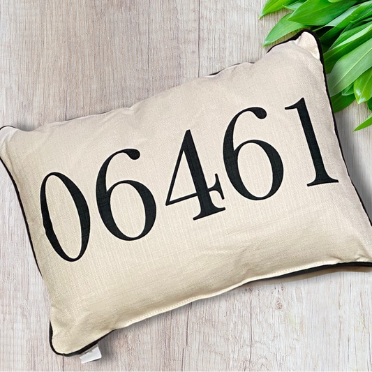 Zip Code Throw Pillow Black Text with Black Piping - 06461 (Milford, Connecticut) - 19-in - Mellow Monkey