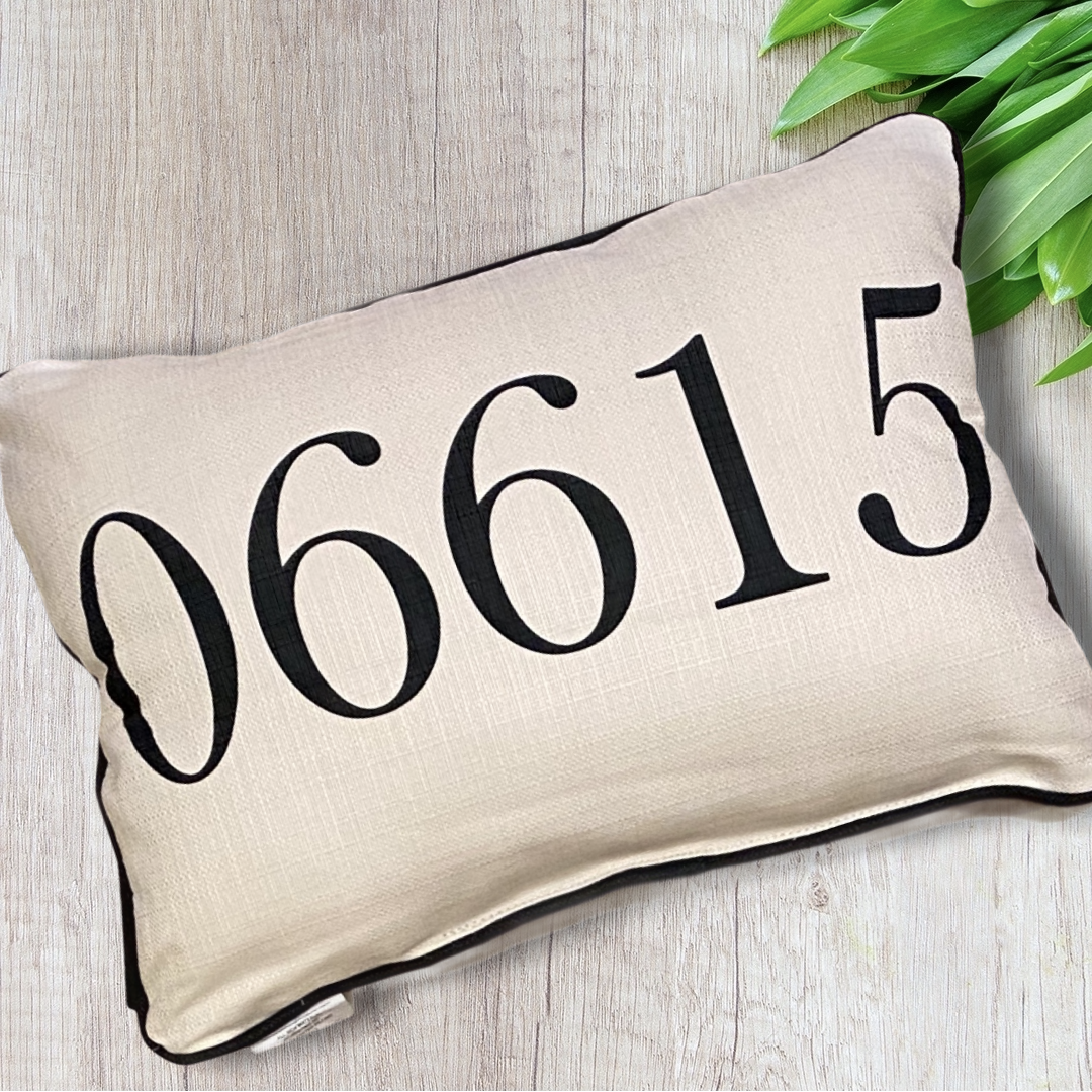 Zip Code Throw Pillow Black Text with Black Piping - 06615 (Stratford, Connecticut) - 19-in - Mellow Monkey