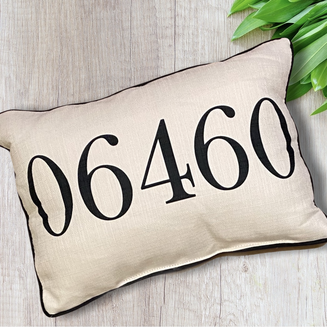 Zip Code Throw Pillow Black Text with Black Piping - 06460 (Milford, Connecticut) - 19-in - Mellow Monkey