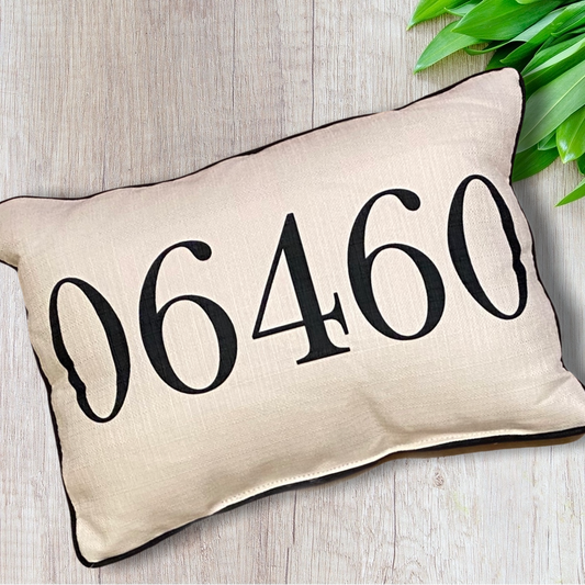 Zip Code Throw Pillow Black Text with Black Piping - 06460 (Milford, Connecticut) - 19-in - Mellow Monkey