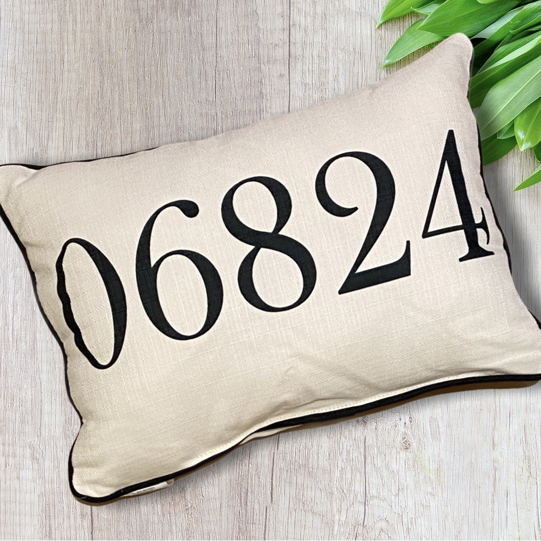 Zip Code Throw Pillow Black Text with Black Piping - 06824 (Fairfield, Connecticut) - 19-in - Mellow Monkey