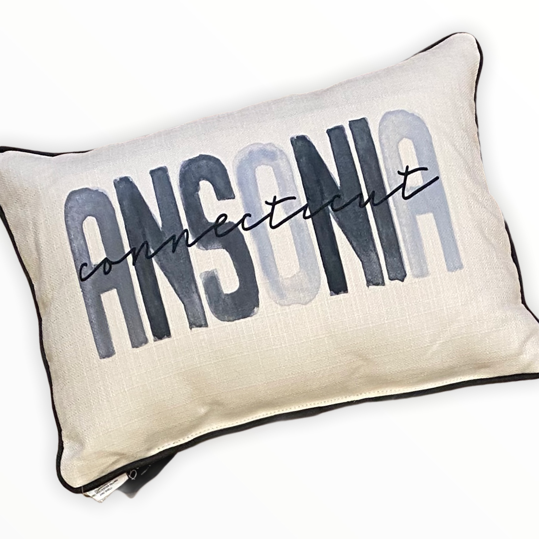 Ansonia Connecticut Throw Pillow with Gray Piping - 19-in - Mellow Monkey