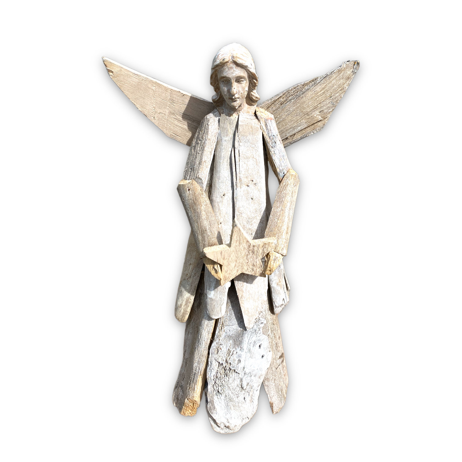 Driftwood Angel Holding A Star - Whitewash Finish - Free Standing 14-in - Mellow Monkey