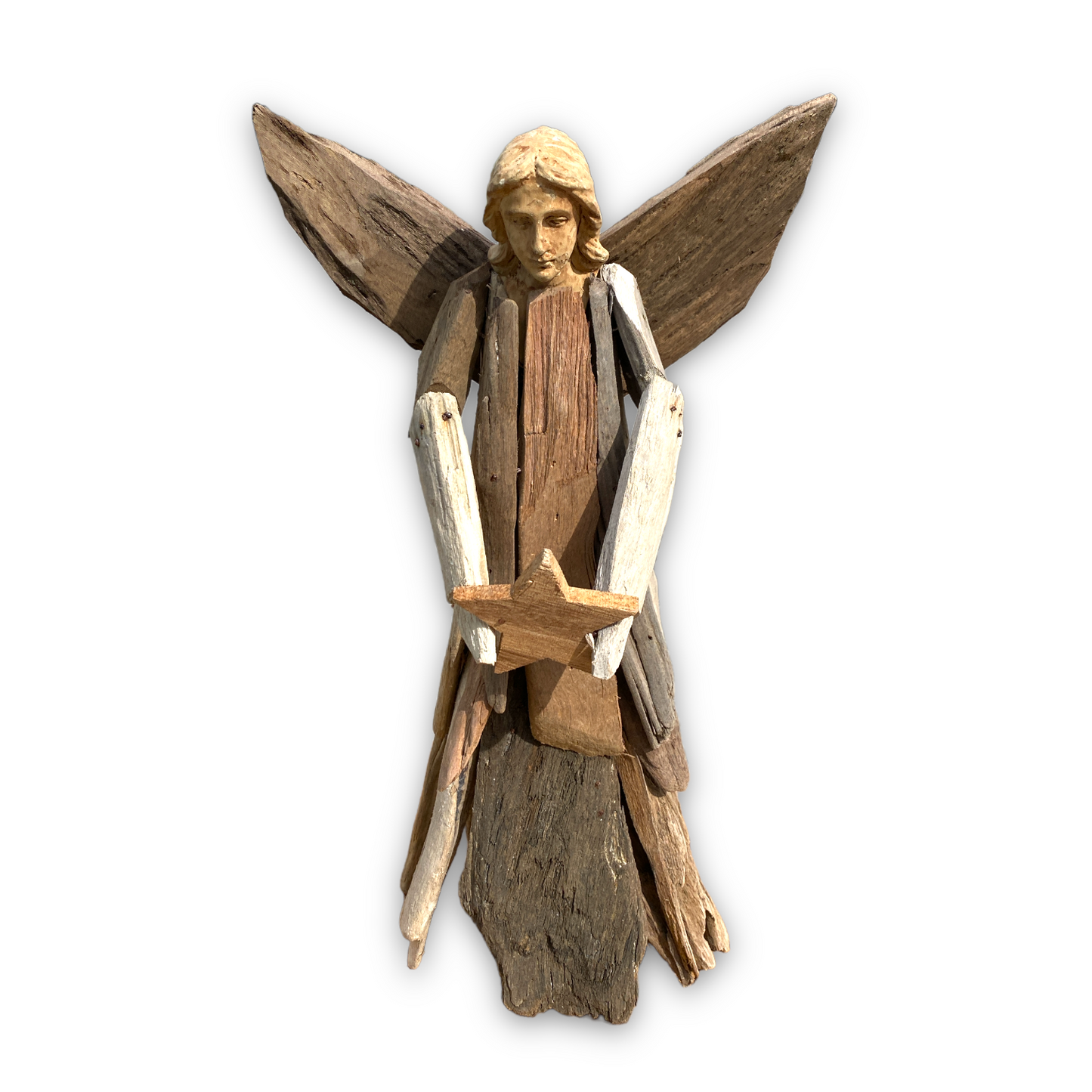 Driftwood Angel Holding A Star - Natural Finish - Free Standing 14-in - Mellow Monkey