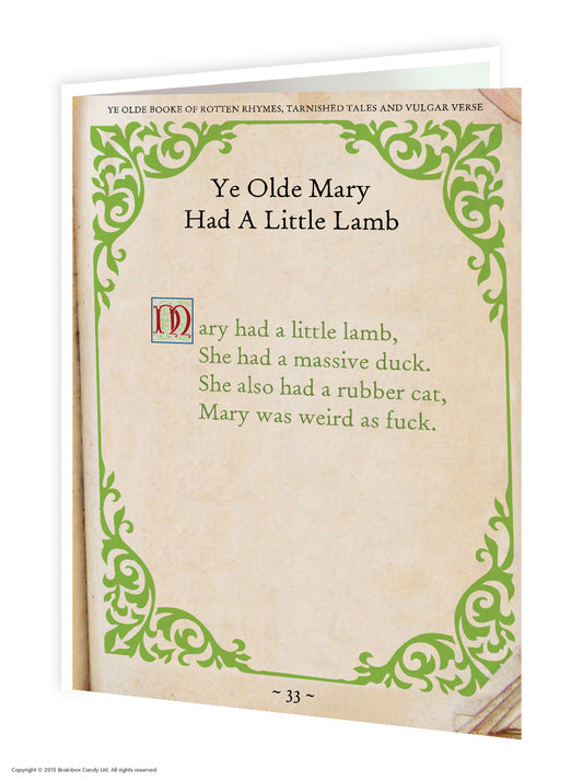 Ye Olde Mary Had A Little Lamb, She Had A Massive Duck, She Also Had A Rubber Cat, Mary Was Weird As Fuck  (Ye Olde Booke Of Rotten Rhymes, Tarnished Tales and Vulgar Verse) - Greeting Card - Mellow Monkey