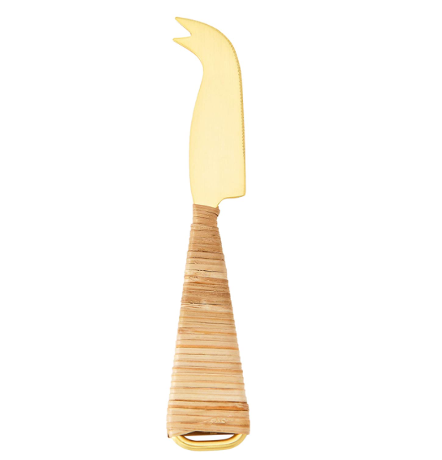 Gold Finish Cheese Knives w/ Rattan Wrapped Handles in Drawstring Bag - Set of 3 - Mellow Monkey