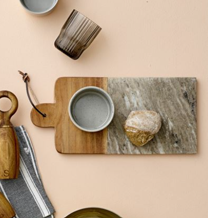 Marble and Acacia Wood Tray Cutting Board with Leather Tie and Canape Knife - 15-in - Mellow Monkey