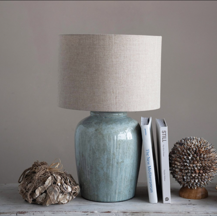 Aqua Reactive Glaze Stoneware Table Lamp with Linen Shade - 17-in. x 26-in. - Mellow Monkey