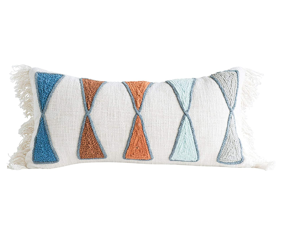 Rectangular Cotton Pillow with Abstract Embroidery - 24-in. x 12-in. - Mellow Monkey