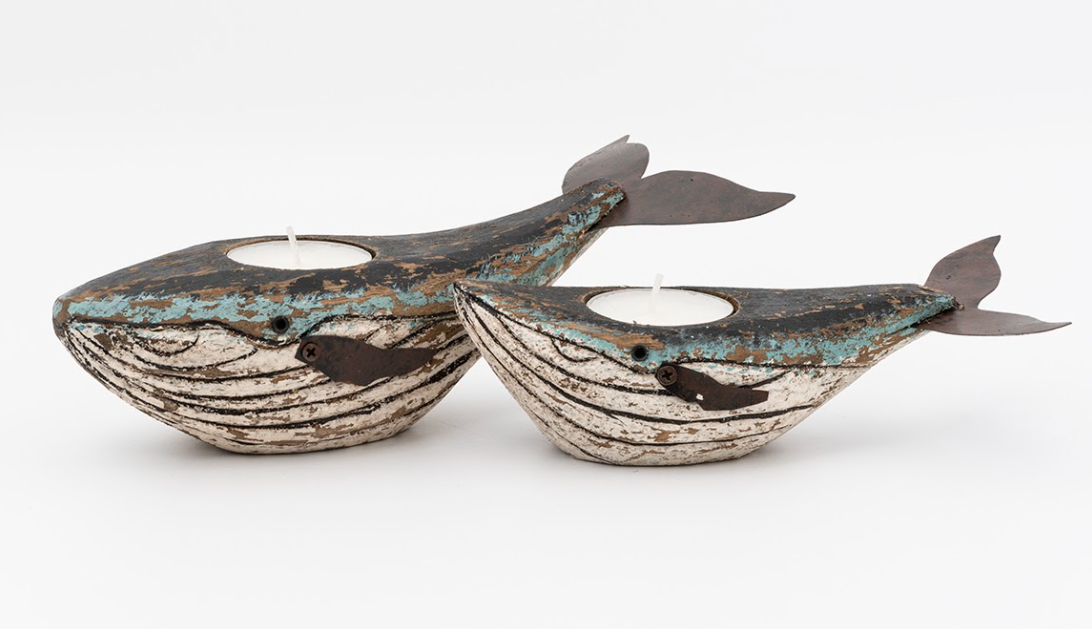 Sea Shanty Rustic Wood and Metal Whale Tealight Holders - 2 Sizes - Mellow Monkey