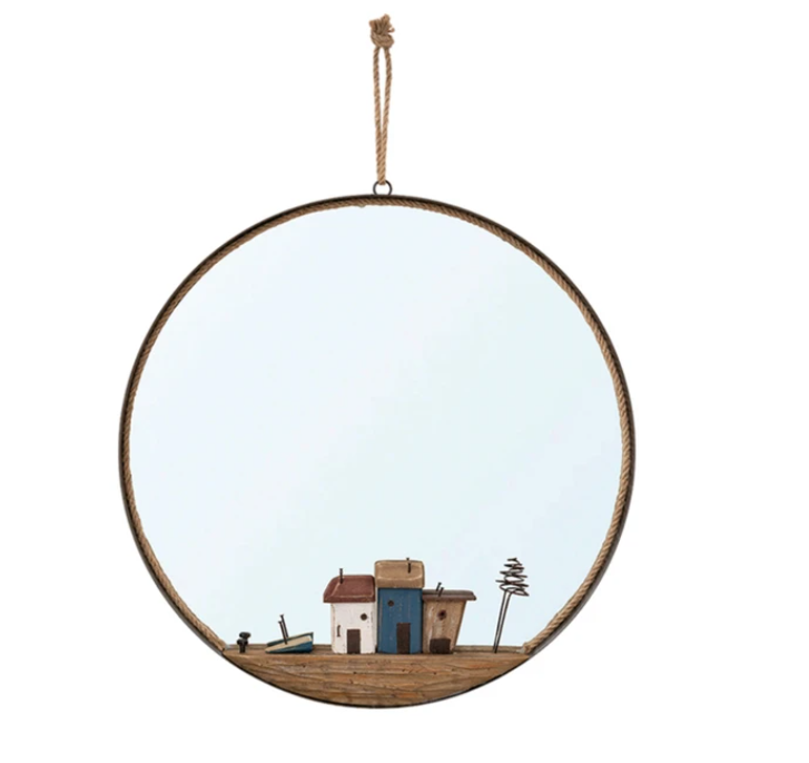 Decorative Metal and Rope Mirror with Driftwood Houses - 18-3/4-in Round - Mellow Monkey