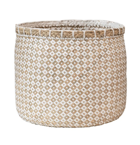 Hand-Woven Seagrass & Paper Baskets w/ Pattern - Natural & White - 2 Sizes - Mellow Monkey