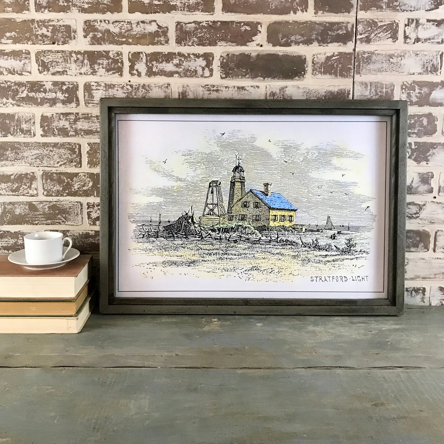 Stratford Point Light - Lighthouse Drawing Reproduction in Reclaimed Wood Frame - 26-1/2-in - Mellow Monkey