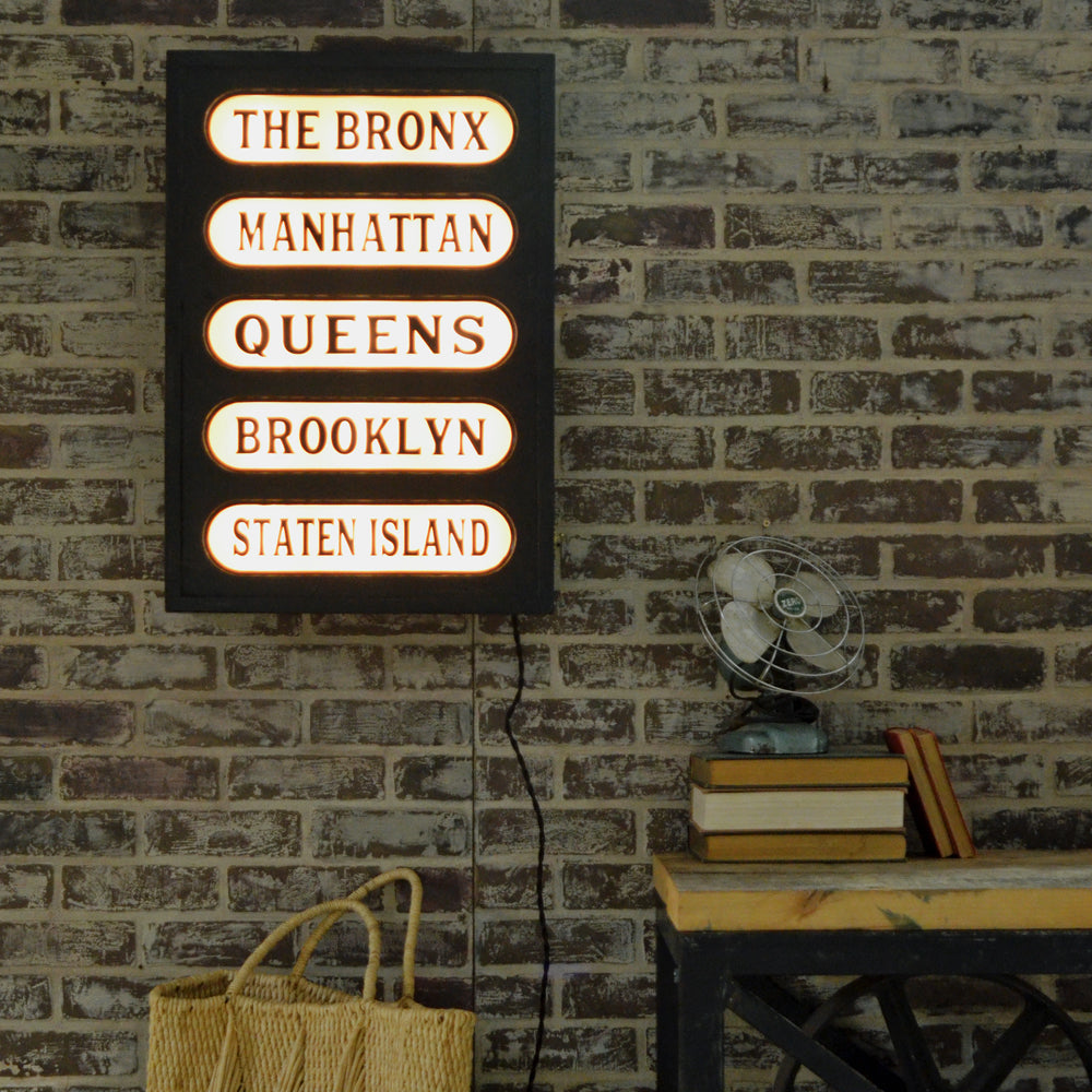 New York Boroughs Lighted Sign – Train Station Inspired Lighted Panel | 30-in - Mellow Monkey