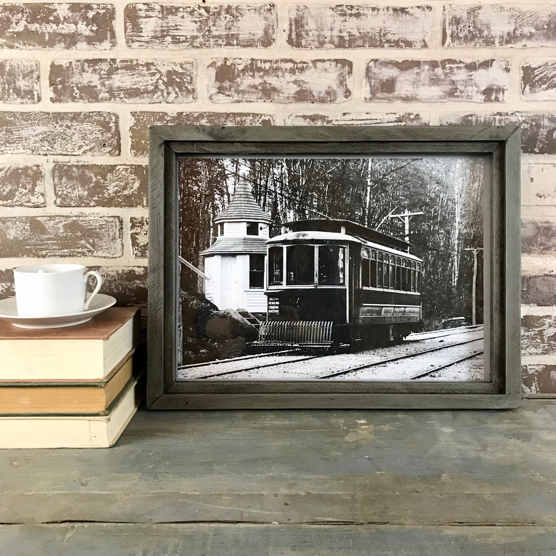 Vintage Shelton Connecticut Trolley Photo in Reclaimed Wood Frame - Grey - 18-in - Mellow Monkey