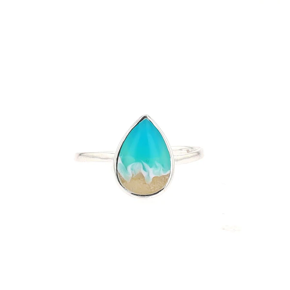 The Shoreline Teardrop Ring - Resin Wave Adjustable Ring - Sterling Silver - Mellow Monkey