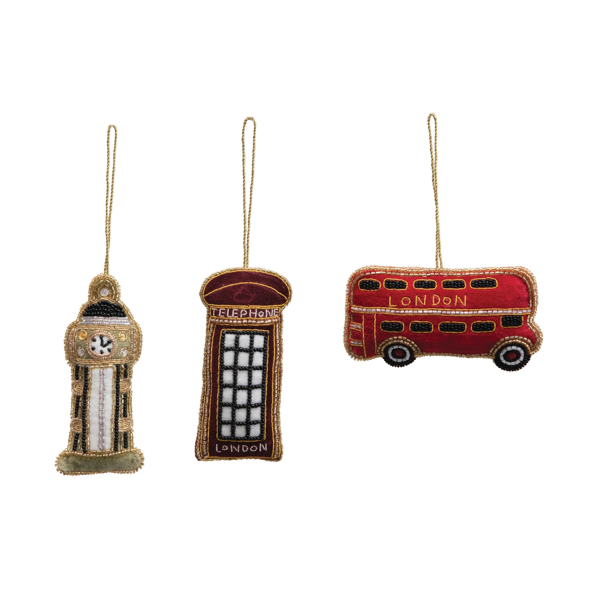 Embroidered London England Travel Ornament with Beads, - Mellow Monkey