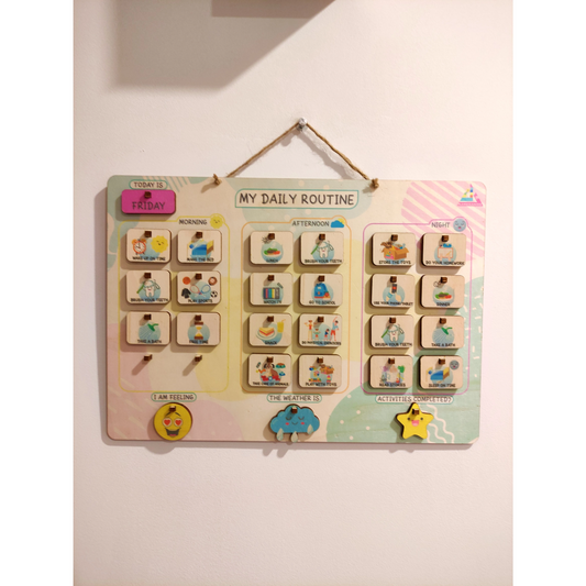 My Daily Routine Chart - Wooden Chart With Activity and Chore Tiles - 15-1/2-in - Mellow Monkey