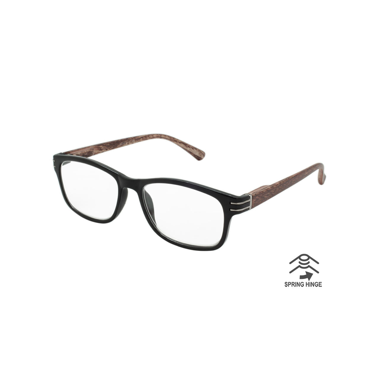 Woodtone Spring Hinge Reader - Cheaters - Reading Glasses - Black Frame with Silver Metal, Brown Wood like Temple - Mellow Monkey