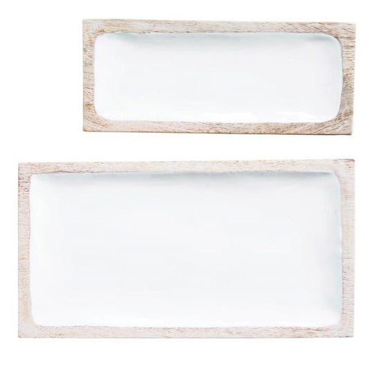 White Enameled Mango Wood Tray - 2 Sizes - Mellow Monkey