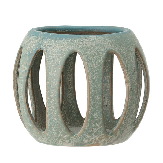 Green Stoneware Candle Holder with Reactive Glaze - 4 x 3-3/4-in. - Mellow Monkey
