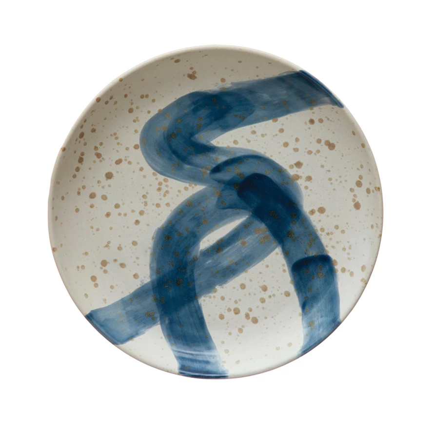 Round Stoneware Plate with Reactive Glaze - Ivory & Blue - 11-3/4-in. - Mellow Monkey