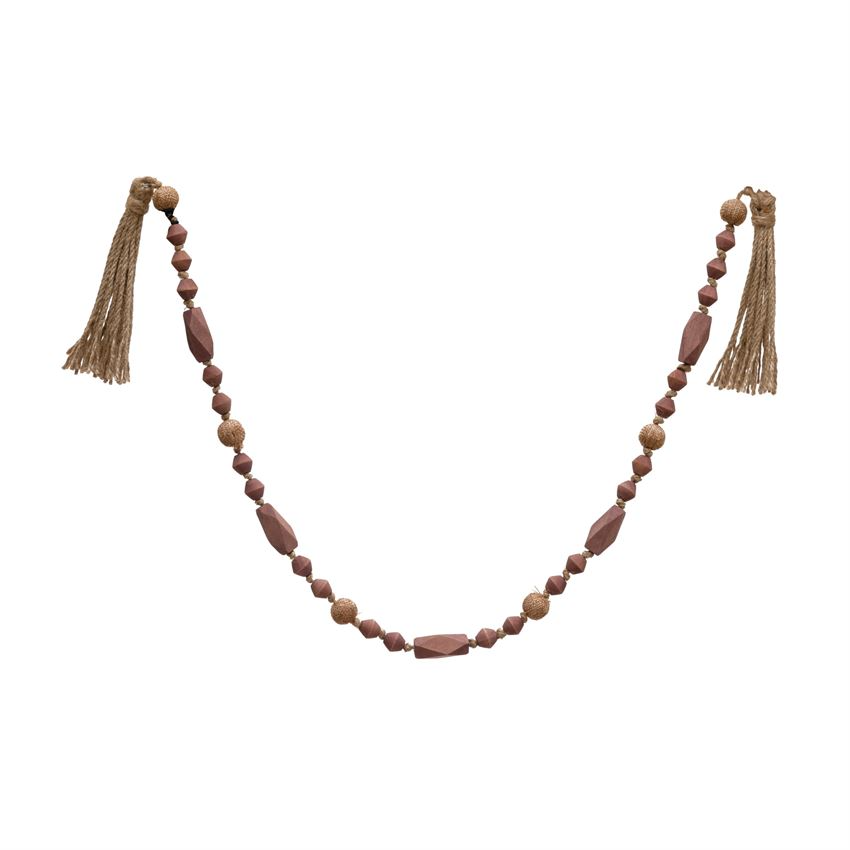 Paulownia Wood Bead Garland with Tassels - Rose & Natural - 44-1/2-in. - Mellow Monkey