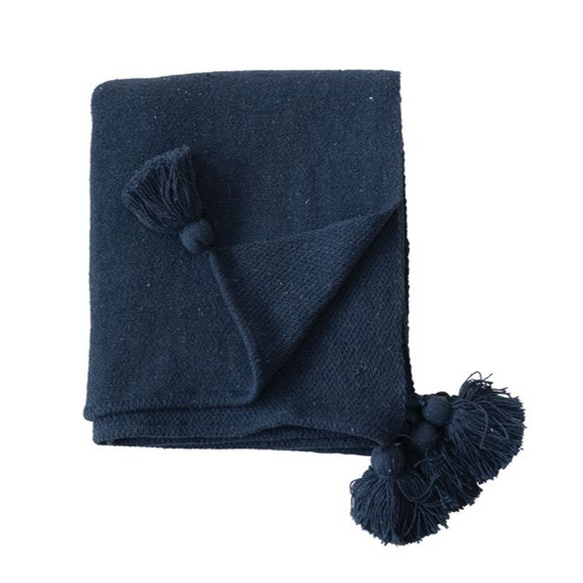 Recycled Cotton Blend Navy Blue Throw with Tassels - 60 x 50-in. - Mellow Monkey