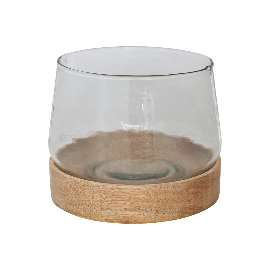 Glass Hurricane/Vase with Mango Wood Base - Mellow Monkey