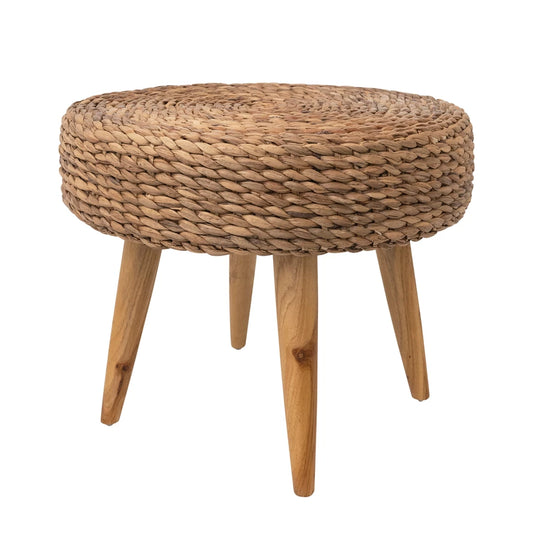 Hand-Woven Water Hyacinth and Teakwood Stool - 23.5-in - Mellow Monkey