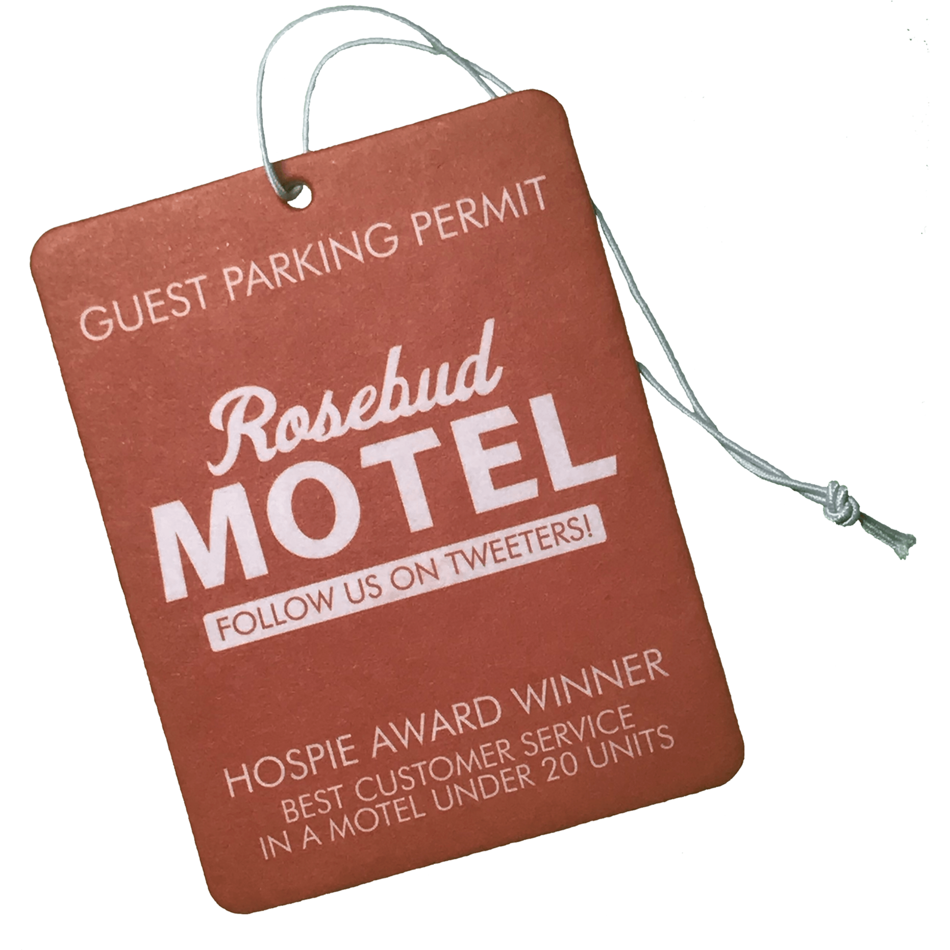 Rosebud Motel Parking Permit - Rear View Mirror Car Freshener - Mellow Monkey