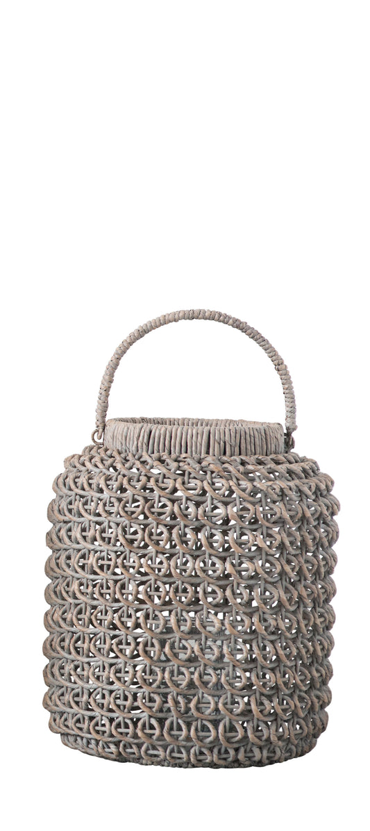 Small Whitewashed Woven Water Hyacinth Lantern with Glass Insert & Handle - Mellow Monkey