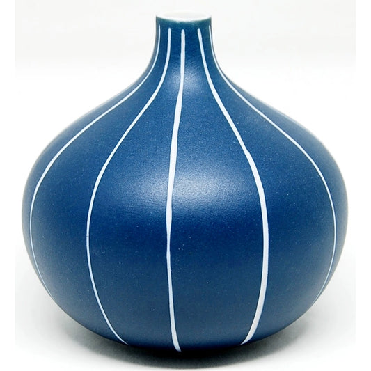 Blue Congo Tiny Porcelain Bud Vase - Blue With Thin White Stripe - 3.15"W x 3.35"H - Mellow Monkey