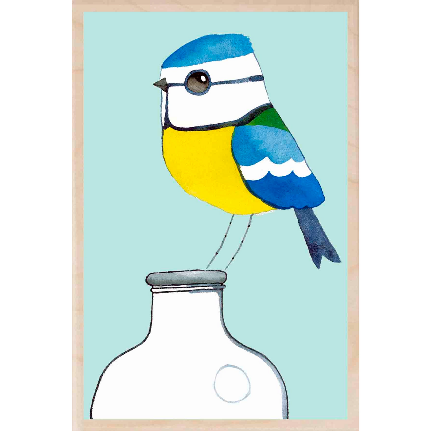 Blue Tit On Blue Background Wooden Postcard - Matt Sewell Birds - Mellow Monkey