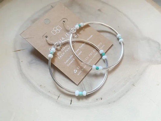 Silver Turquoise and White Gemstone Lightweight Hoop Earrings - Mellow Monkey