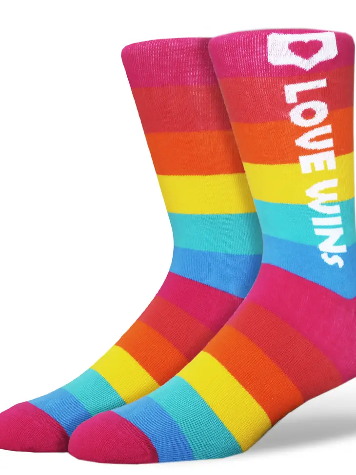 love wins with heart rainbow striped pattern socks