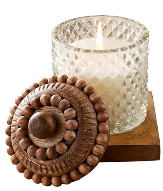 Beaded Wood and Diamond Pattern Filled Candle - Sandalwood - Mellow Monkey