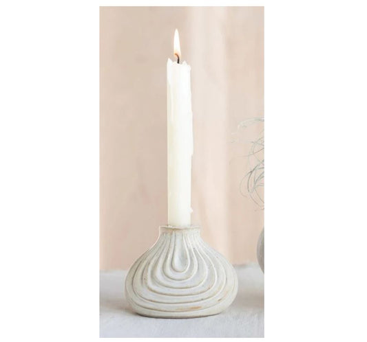 Debossed Patterned Stoneware Taper Candle Holder With Reactive Glaze - 4-1/4-in - Mellow Monkey