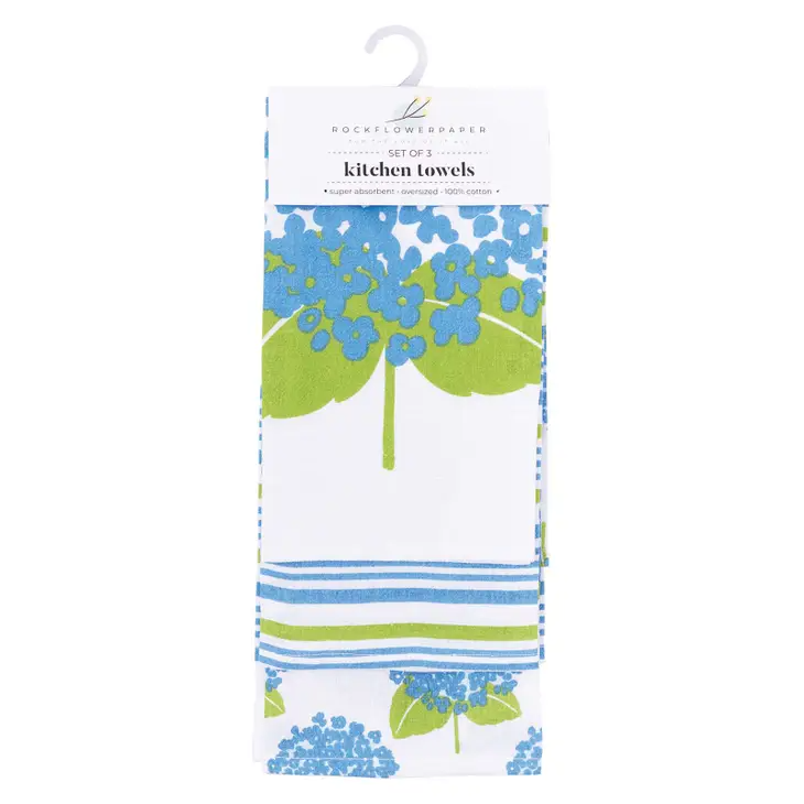 Hydrangea and Stripes Kitchen Towels - Set of 3 - Mellow Monkey