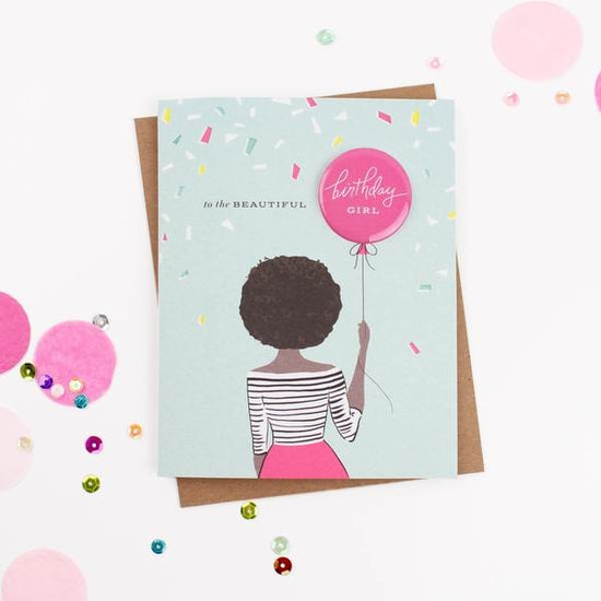 To The Beautiful Birthday Girl - Birthday Girl Button Card - Curls - Mellow Monkey