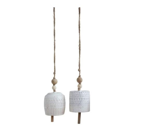 Delicate Stoneware Hanging Chimes White With Wood Beads Set of 2 - Mellow Monkey