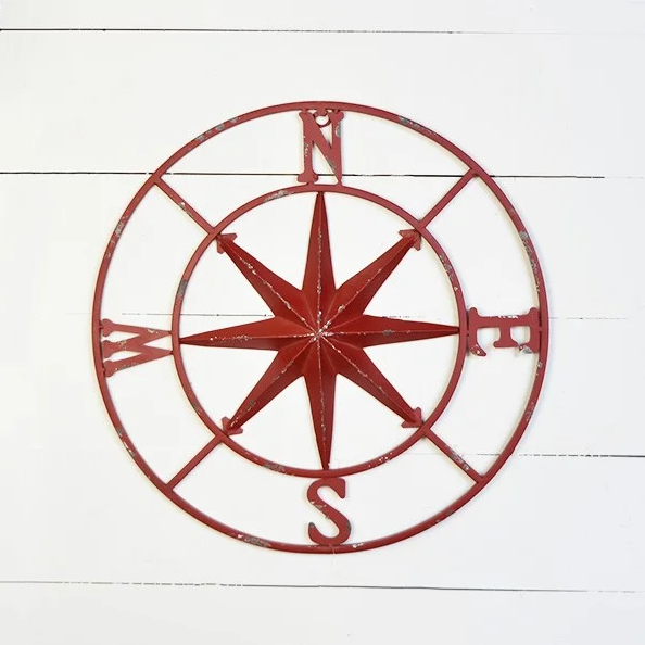 Distressed Antique Red Metal Rose Compass Wall Decor - 18-in - Mellow Monkey