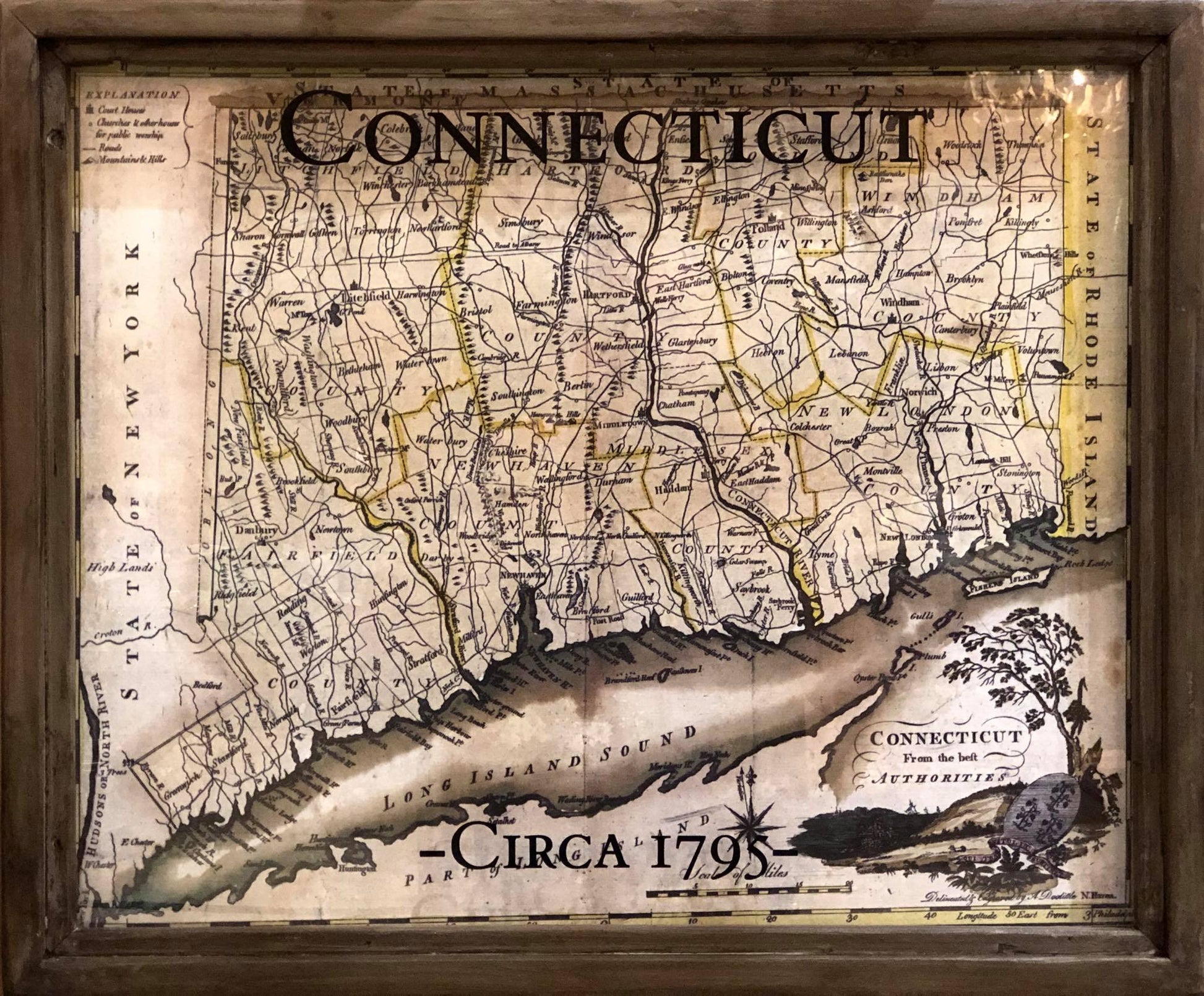 Vintage Connecticut Map Framed Shadowbox 24-in Circa 1795 - Mellow Monkey