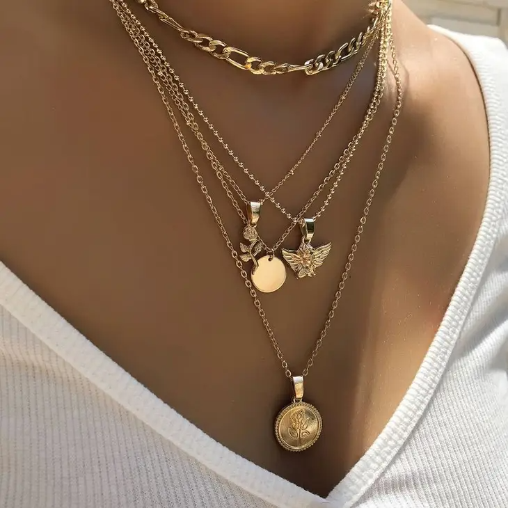 Gold Multi Charm Layer Choker Necklace Angel Rose Pendant