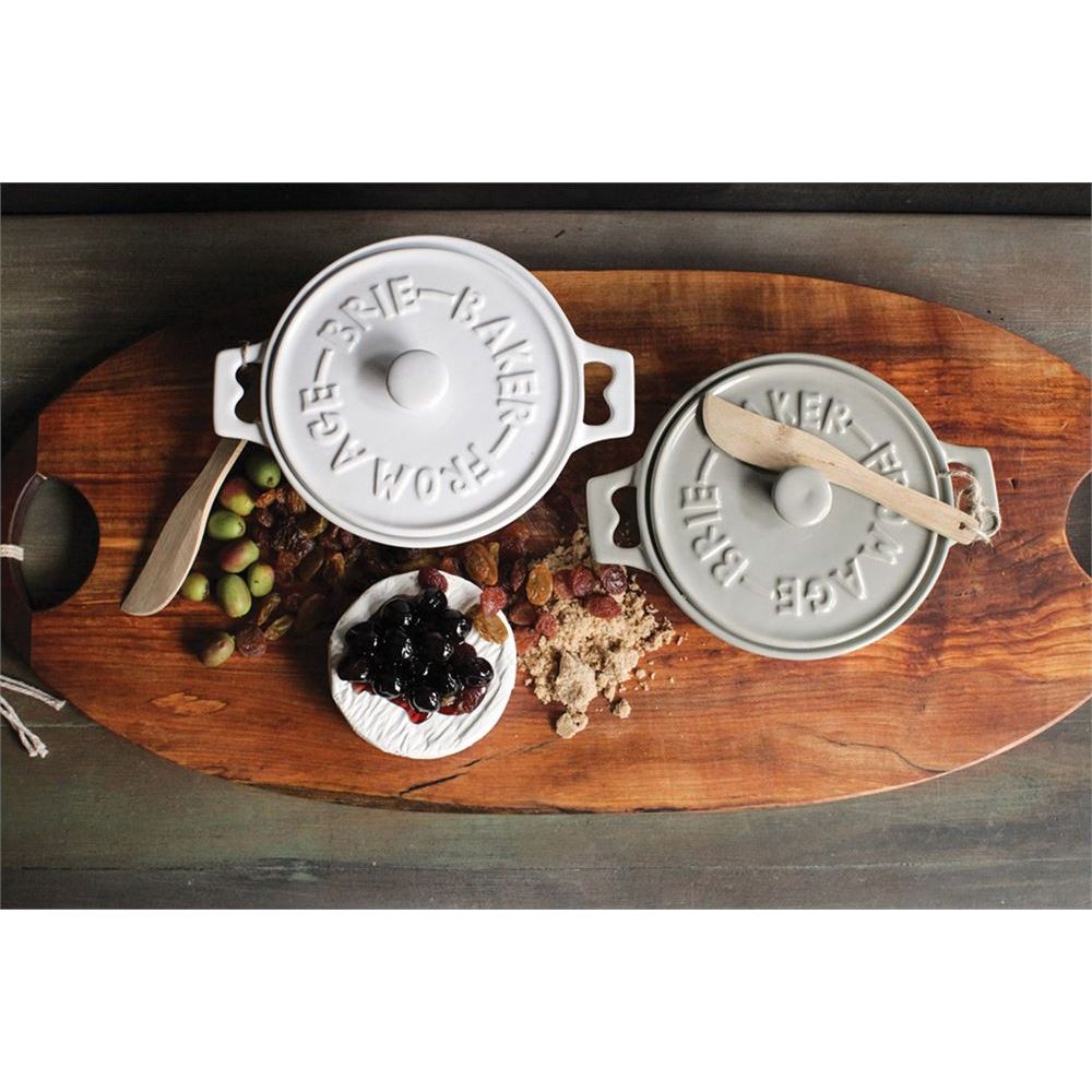 Stoneware Brie Baker with Wood Spreader - 7-in - Mellow Monkey