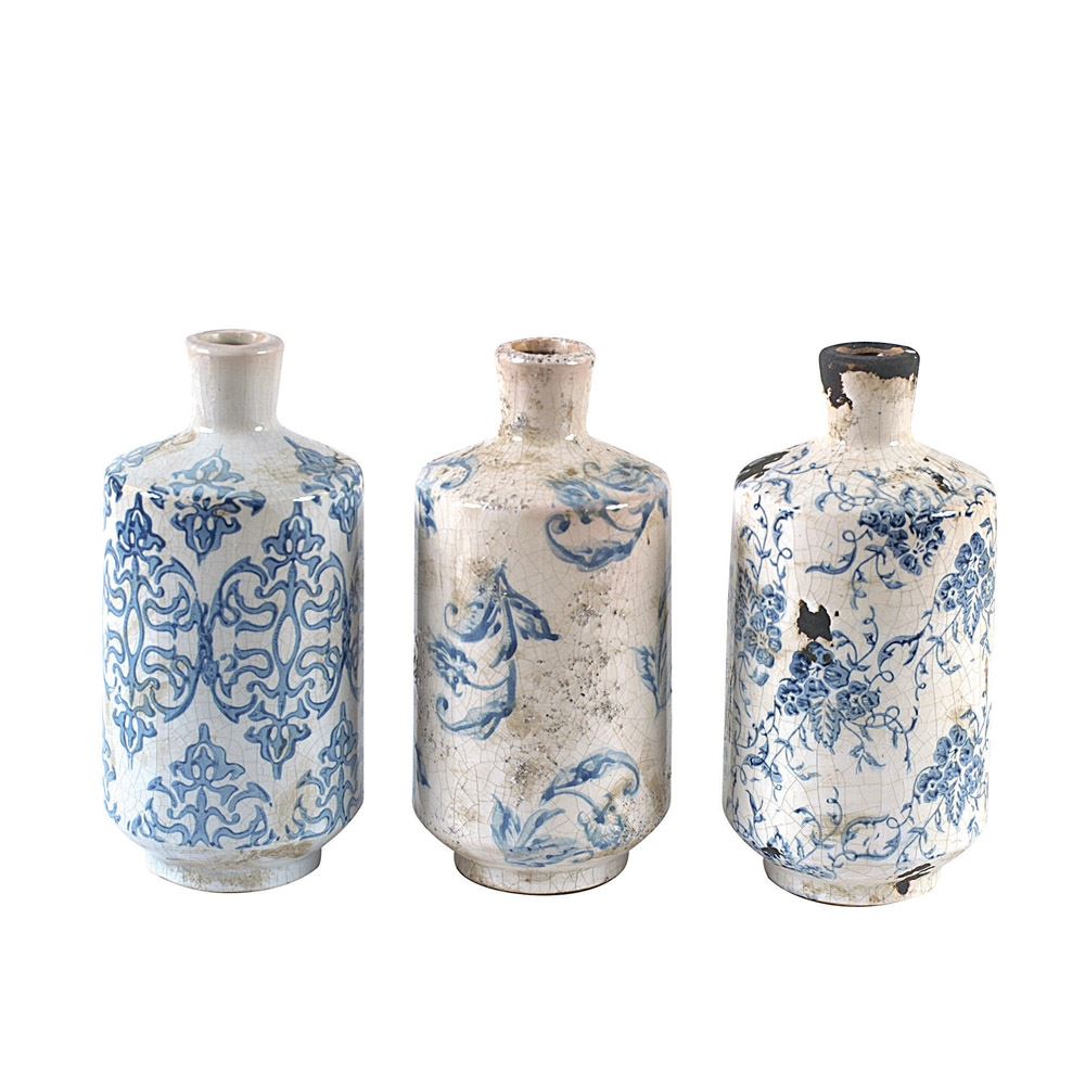 Terra-Cotta Vase With Transfer-ware Pattern Blue White - Set of 3 - Mellow Monkey