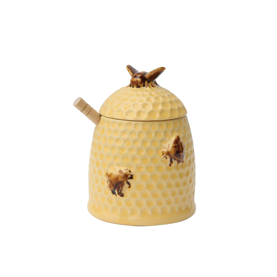 Stoneware Honey Jar with Lid & Wood Honey Dipper - 6-in - Mellow Monkey