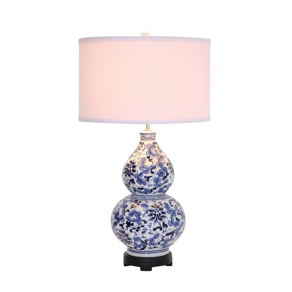 Blue & White Ceramic Table Lamp with Linen Shade - Mellow Monkey