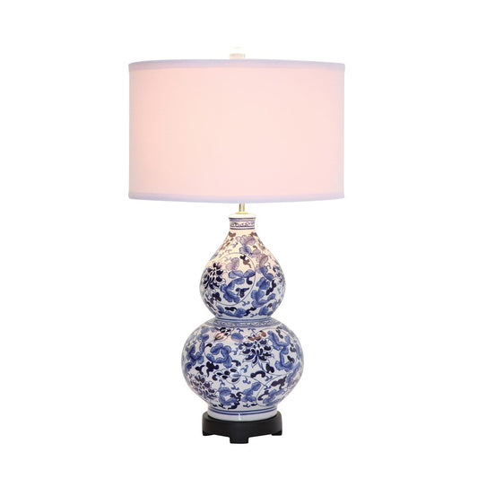 Blue & White Ceramic Table Lamp with Linen Shade - Mellow Monkey