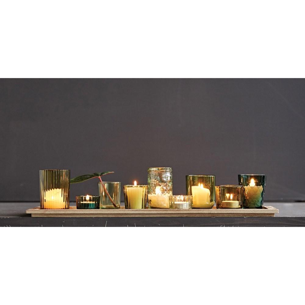 Natural Wood Tray with 9 Unique Glass Votive Candle Holders - Earthy Greens - 22-in - Mellow Monkey